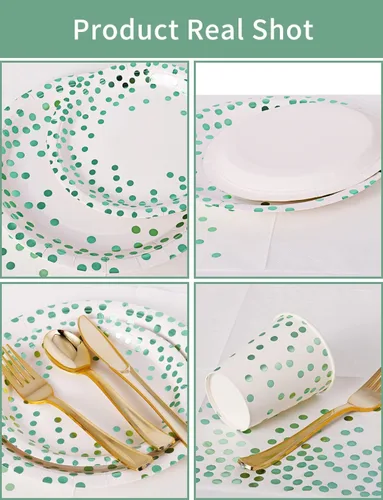 Miniatura 2 de Nkaiso 141 piezas de suministros de fiesta de puntos verdes, juegos de decoración de fiesta desechables incluyen platos de papel, servilletas