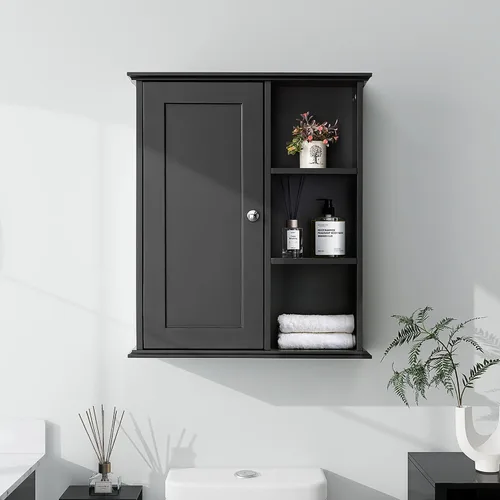 Miniatura 13 de Armario de pared de baño sobre el inodoro, armario de almacenamiento de 2 puertas montado en la pared, botiquín de madera con estantes ajustables