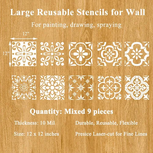 Miniatura 2 de 9 plantillas grandes de azulejos de piso de 12 x 12 pulgadas, plantillas de pared reutilizables para pintar en pisos, azulejos, patio de hormigón
