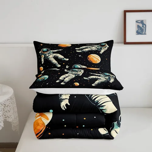 Miniatura 5 de Manfei Juego de edredón de astronauta de dibujos animados, tamaño individual, juego de ropa de cama colorido de cielo estrellado galaxia para niños