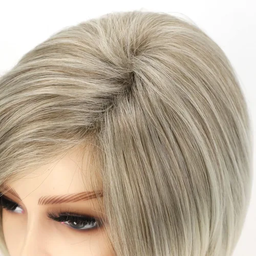 Miniatura 7 de TISHINING Pelucas rubias cortas en capas para mujeres blancas, longitud de la barbilla, color rubio ceniza, parte lateral, peluca Pixie Bob, cabello