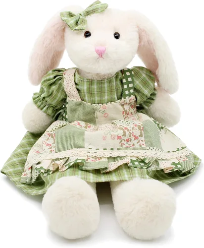 Oitscute Pequeño y suave conejo de peluche de 15 pulgadas, juguete para bebés y niñas (conejo blanco con vestido a cuadros verde)