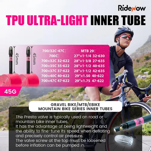 Miniatura 2 de RideNow TPU Road Bike Inner Tube, 2 Pack Gravel Bike Tube 700 x 32C-47C with 45mm/65mm/85mm Presta Valves, Ultra-Light Puncture Resistant Bicycle