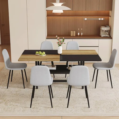 Miniatura 23 de Juego de mesa de comedor de 71 pulgadas para 6 personas con estante de almacenamiento, juego de mesa de comedor rectangular industrial moderna
