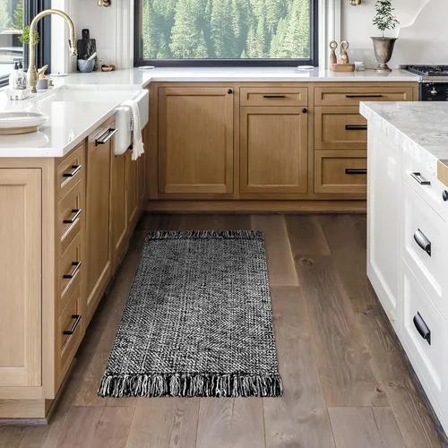 Miniatura 2 de MitoVilla Alfombra bohemia de baño de 2 x 6 pies, color blanco y negro, alfombra tejida de algodón para sala de estar, alfombras de cocina lavables