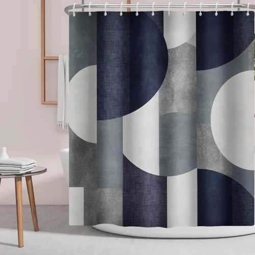 Miniatura 3 de Cortina de ducha azul marino con círculos geométricos abstractos y modernos, estilo contemporáneo, cortinas de ducha de tela impermeable gris