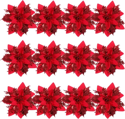 Miniatura 9 de Toyvian Flores de pascua artificiales con purpurina navideña, 12 adornos de flores para árbol de Navidad, decoración de fiesta de Navidad con 12 Rojo