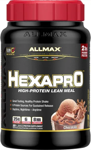 ALLMAX HEXAPRO, Chocolate - 2 lb - 25 gramos de proteína por porción - 8 horas de liberación sostenida - cero azúcar - 21 porciones