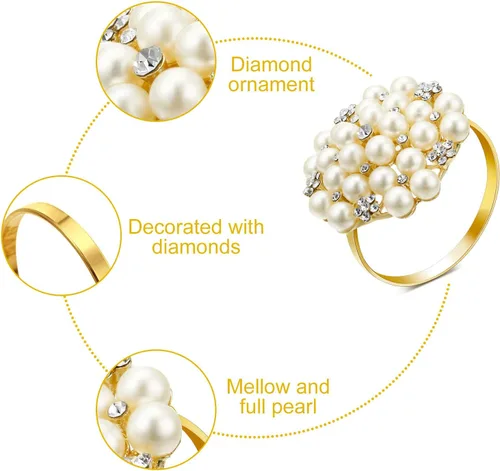 Miniatura 6 de Hotop 12 servilleteros dorados, perlas y flores, con diamantes de imitación, soportes redondos brillantes para bodas, fiestas, cenas, banquetes