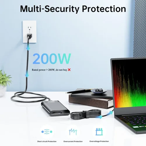 Miniatura 4 de Cargador para portátil de 200 W compatible con HP Victus 15 16, Omen/Pavilion Gaming 15 17, ZBook Fury 16 G8 G9 G10 G11 Cable de alimentación