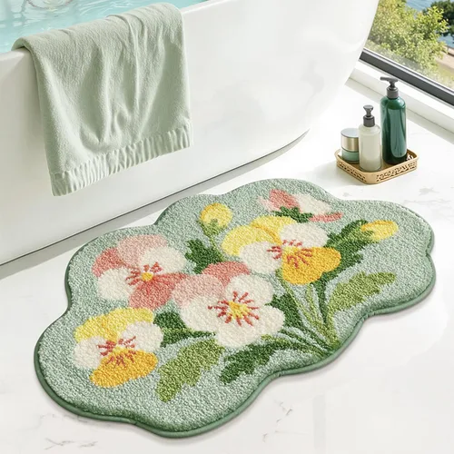 Floral Pansy Bath Mat, Soft Non-Slip Plush Bathroom Rug with Colorful Flower Pattern, Ultra Absorbent Microfiber Shaggy Bath Rug, Machine Washable