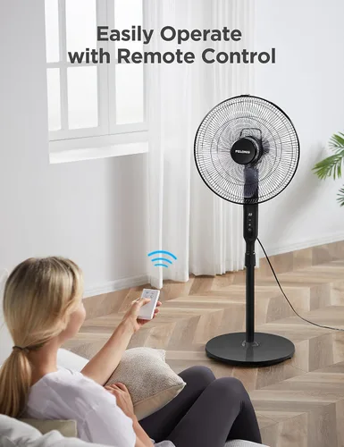 Miniatura 7 de PELONIS Ventilador de pie oscilante de 16 pulgadas Altura ajustable Motor DC ultra silencioso Control remoto 12 velocidades Temporizador