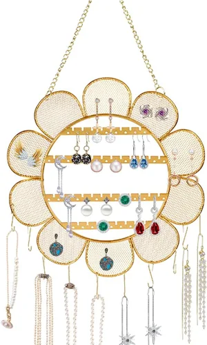 Soporte de aretes en forma de flor montado en la pared, organizador de joyas colgantes, collares de pared, soporte de exhibición de joyas en forma