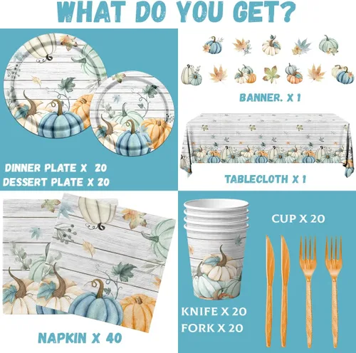 Miniatura 5 de 142 platos y servilletas para fiesta de otoño, suministros para fiesta, platos de calabaza de acuarela y servilletas, vasos, manteles y cubiertos