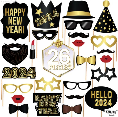 Miniatura 2 de Accesorios grandes para cabina de fotos de Año Nuevo 2023 – Paquete de 26 Accesorios de cabina de fotos de Año Nuevo de papel negro dorado