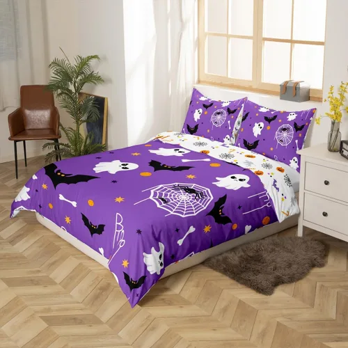 Miniatura 6 de Juego de ropa de cama de Halloween, funda de edredón gótica de murciélagos negros con telarañas, funda de edredón individual, diseño de arañas