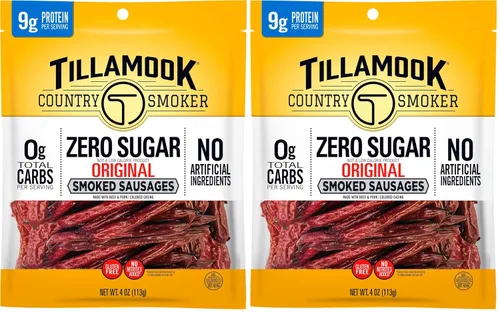 Tillamook Country Smoker Salchicha ahumada, cero azúcar, original, 4 onzas (paquete de 2) salchichas ahumadas de madera dura, baja en carbohidratos,