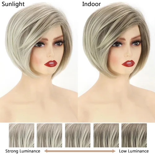 Miniatura 6 de TISHINING Pelucas rubias cortas en capas para mujeres blancas, longitud de la barbilla, color rubio ceniza, parte lateral, peluca Pixie Bob, cabello