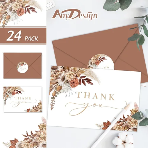 Miniatura 2 de AnyDesign Tarjetas de agradecimiento florales boho de otoño a granel, paquete de 24 tarjetas de felicitación de flores de acuarela con sobres