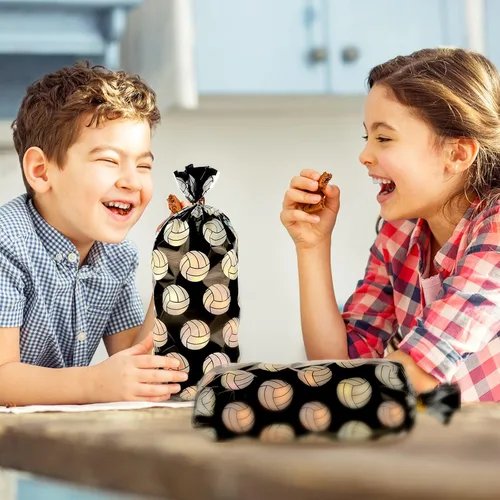 Miniatura 6 de Outus 100 bolsas de violonchelo negras para fiesta de voleibol, bolsas de plástico para regalo, bolsa de celofán con 200 lazos negros para fiestas