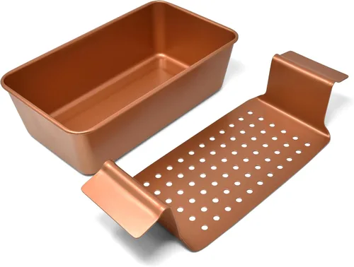 PERLLI Molde para pan de carne con bandeja de goteo, 2 unidades, 9.8 x 5.7 pulgadas, sartén antiadherente de cobre para pastel de carne con bandeja