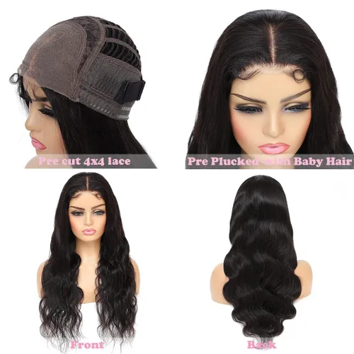 Miniatura 6 de Junoda Pelucas de cabello humano sin pegamento, precortadas 4x4 HD, encaje frontal, pelucas preblanqueadas con nudos pequeños, onduladas