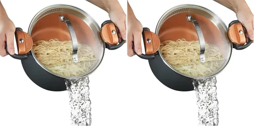 GOTHAM STEEL Olla de cerámica de 5 cuartos con tapa colador, cobre (paquete de 2)