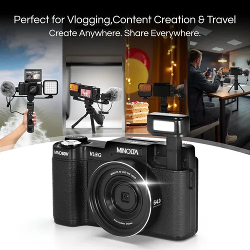 Miniatura 6 de Minolta Kit de cámara VLOG de 64MP 4K60FPS - Videocámara digital de enfoque automático con trípode, control remoto, micrófono, luz LED, pantalla LCD
