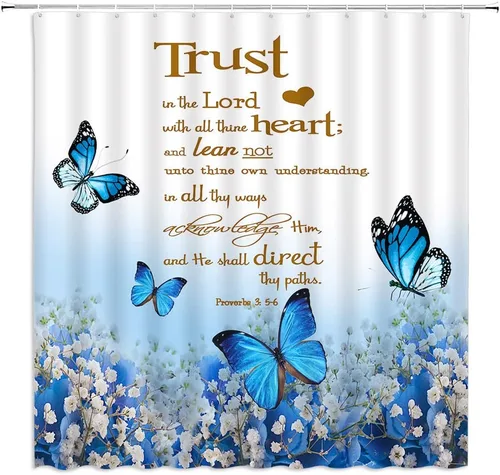 GCTNBJL Cortina de ducha con cita inspiradora, diseño de mariposa y flores azules y verde azulado con texto en inglés "Trust in the Lord" (Confianza