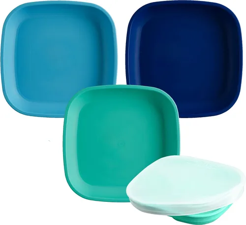 Re-Play Plato Plano de 7" con Tapa de Silicona - Fabricado en Estados Unidos - Hecho con Silicona de Platino de Grado Médico - Con Tapa - Azul Azul