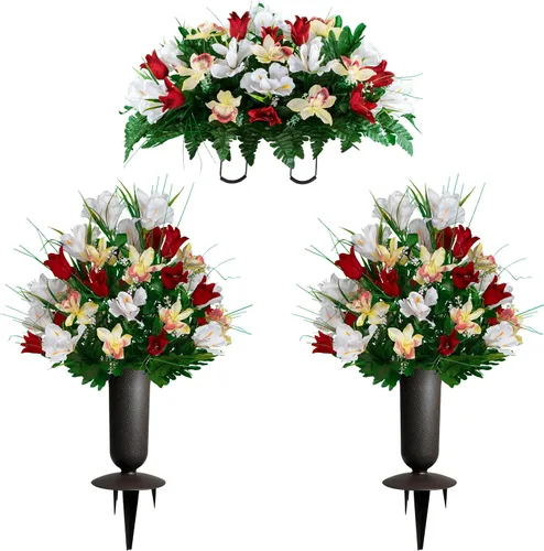 Miniatura 28 de Sympathy Silks Flores de cementerio artificiales - Decoración de tumbas - Tulipanes rojos e iris blancos (1) Ramo Rojo Blanco