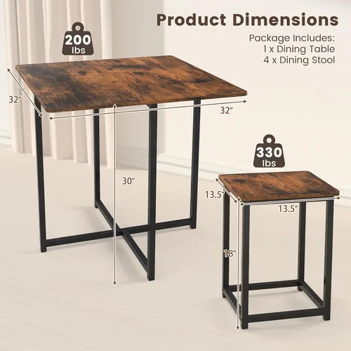 Miniatura 6 de Tangkula Juego de mesa de comedor compacto para 4, juego de mesa de cocina pequeña con taburetes cuadrados y marco de metal, perfecto para espacios