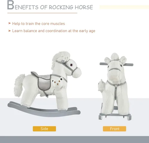 Miniatura 4 de Qaba Caballo Mecedor Montable de Peluche para Niños con Juguete de Oso, Silla para Niños con Juguete de Peluche Suave y Divertidos Sonidos Blanco
