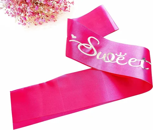 Miniatura 4 de Cinta de satén rosa intenso con letras plateadas, decoraciones de banda de cumpleaños 16, regalos para niñas, suministros de recuerdo de fiesta