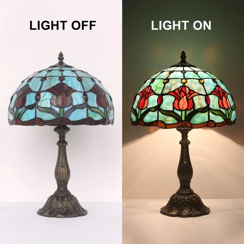 Miniatura 3 de Lámpara de mesa con tulipanes de vitrales, luz de lectura estilo Tiffany, 12 x 12 x 19 pulgadas, lámpara de escritorio de vidrio antiguo
