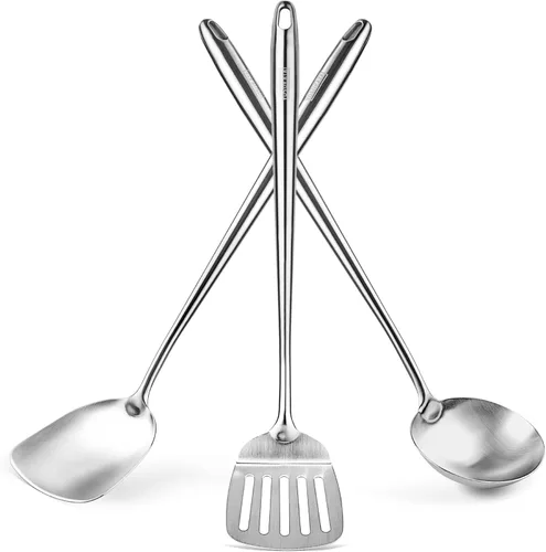 Miniatura 10 de Yosukata Espátula de Wok de 17" y Cuchara Coladora con Cucharón - Juego de 3 Utensilios de Cocina de Acero Inoxidable - Juego de Utensilios