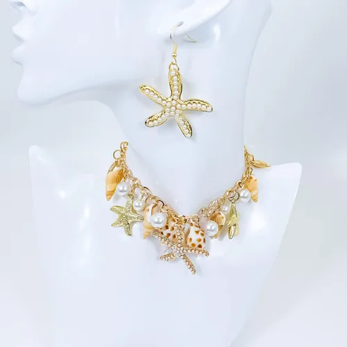 Miniatura 4 de Halawly Gargantilla de concha de cola de sirena, collar de moda con diseño de concha de mar y estrella de mar de perlas de imitación, collar grueso