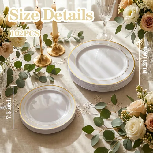 Miniatura 4 de 102 piezas, platos de plástico dorados, platos de fiesta blancos, platos desechables con peso y de alta calidad que incluyen: 51 platos llanos