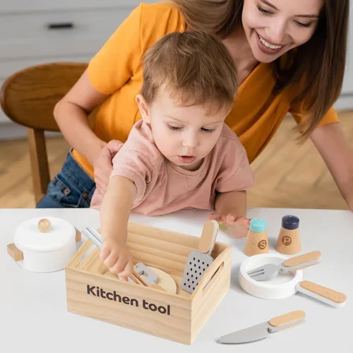 Miniatura 6 de 10 piezas de juguetes de cocina de madera, utensilios y accesorios, juego de ollas y sartenes de simulación, juguete de cocina Montessori para niños