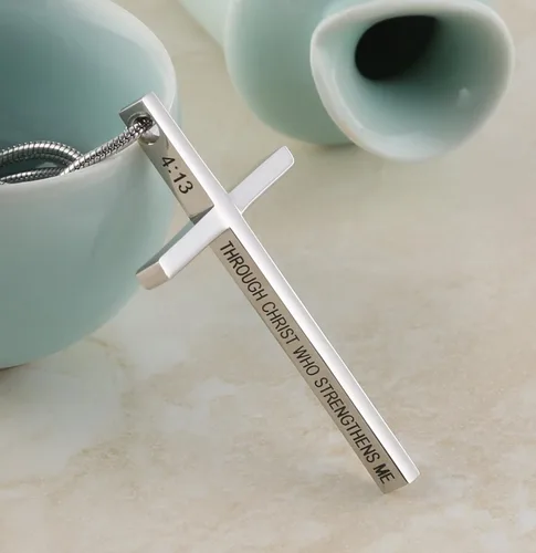 Miniatura 3 de HZMAN Collar de acero inoxidable con colgante de cruz de Filipenses 413 con versículo bíblico