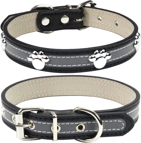 PETCARE Collar reflectante para perro con lindo remache de pata tachonado, divertido collar ajustable de cuero PU suave para cachorros, perros Negro