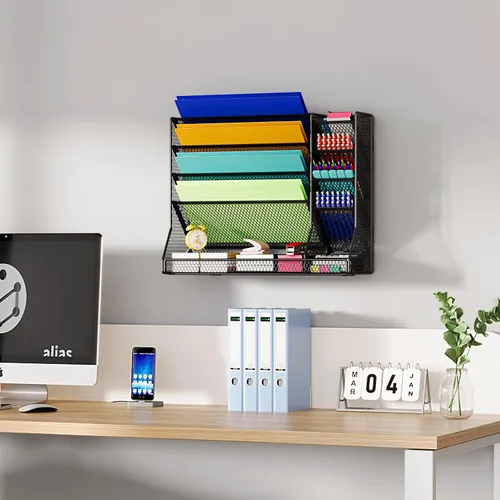 Miniatura 5 de Jakyitvi Organizador de archivos montado en la pared, organizador de escritorio de metal ajustable y duradero de 4 niveles, soporte para archivos