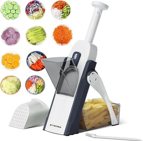 [5 en 1] Cortadora de mandolina para cocina y picadora de verduras segura y rebanadora de mandolina ajustable, no se puede quitar, la mandolina Azul