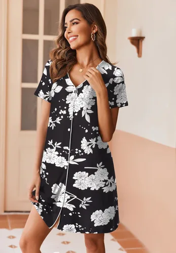 Miniatura 4 de Ekouaer Camisón de manga corta con botones para mujer, camisón suave con cuello en V