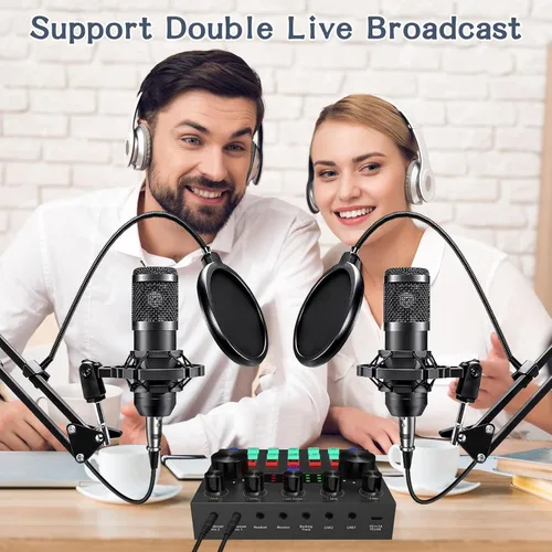 Miniatura 2 de Paquete de equipo de podcast para 2, interfaz de audio ALPOWL con micrófono BM800 de diseño cardioide para jugadores y mezclador DJ todo en uno