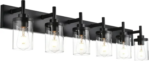 Miniatura 10 de Lámpara de tocador de baño sobre espejo, lámparas de pared de baño negras, iluminación moderna con pantalla de vidrio transparente, aplique de pared