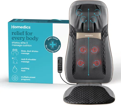 Masajeador de espalda HoMedics con calor, cojín de masaje Shiatsu Elite II calentado para cuello y espalda. 3 estilos diferentes de masaje y 3 zonas