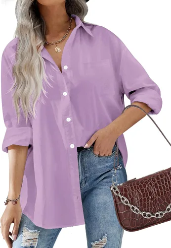 Miniatura 15 de HOTOUCH Camisas de gran tamaño con botones para mujer, blusa de hombro caída para oficina, de manga larga, estilo novio, camisa de vestir