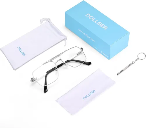 Miniatura 6 de Dollger Gafas de bloqueo de luz azul para hombre, gafas cuadradas de aviador para computadora, marco de metal, gafas de luz azul, Plateado (sliver)