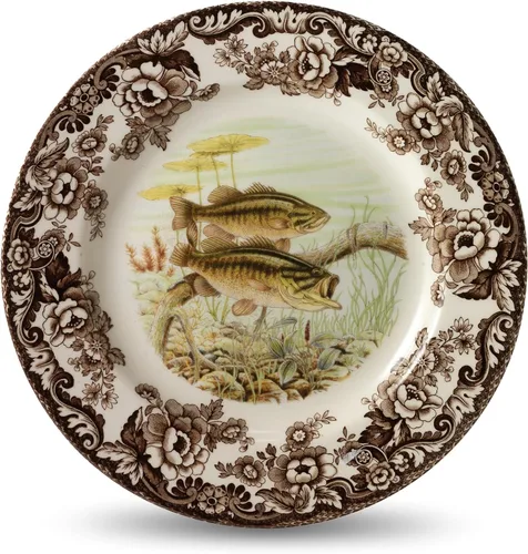 Miniatura 19 de Spode Woodland - Plato de ensalada de porcelana fina, diseño de lucioperca con borde floral marrón, vajilla clásica de campo inglés para cenas